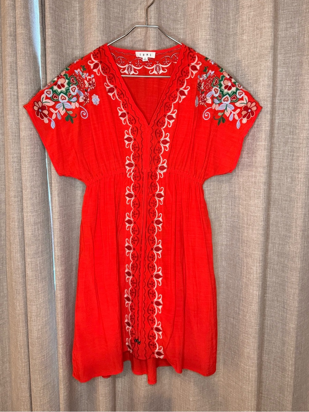 THML Embroidered Boho Peasant Mini Dress Red Floral V-Neck Size S - Picture 3 of 7